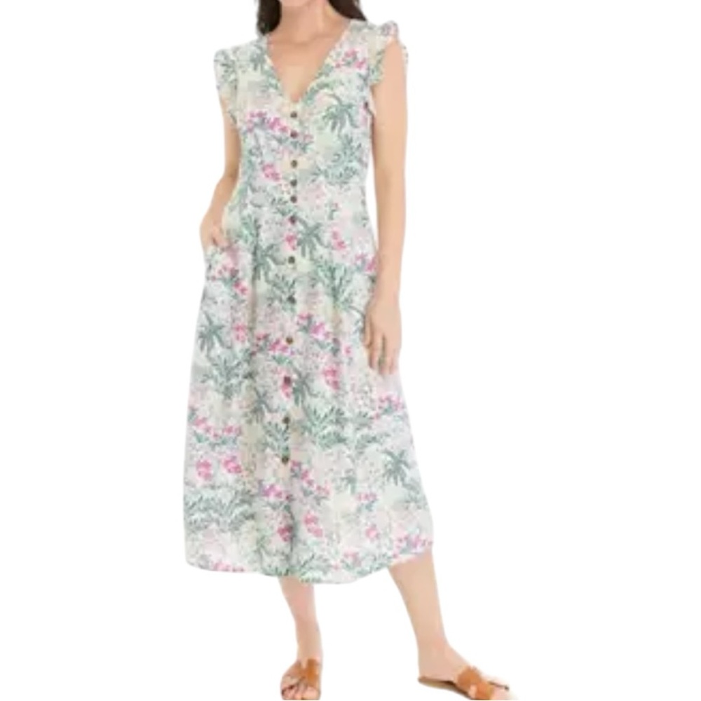 Wonderly Women’s Button Front Floral Flutter Sleeve Linen‎ Midi Dress  Sz PXL